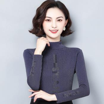 高領長袖洋氣上衣薄款亮絲網紗