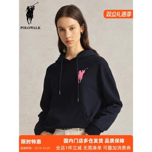 POLOWALK女士寬松休閑連帽衛衣2024秋新款運動大標刺繡加絨帽衫潮