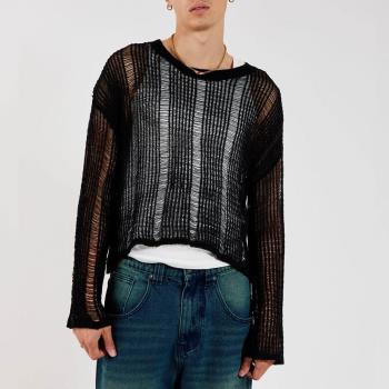 2023秋季新款彈力鏤空微透毛衣男士長袖寬松針織衫Mens knitwear