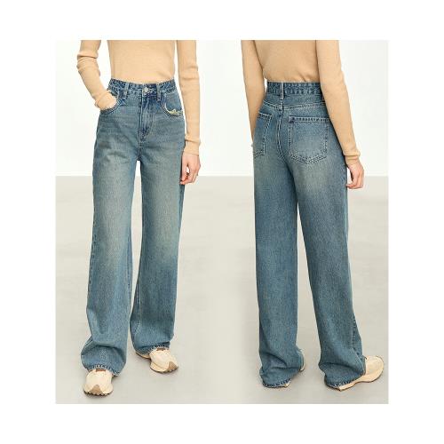 Amii秋新款極簡做舊港風個性磨白棉質寬松牛仔長褲女