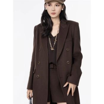 哥弟阿瑪施正秋冬新款羊毛呢大衣女雙排扣中長款風衣過膝5400810