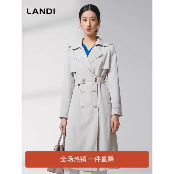 LANDI淺灰色大翻領雙排扣系帶長款風衣外套女2023年秋季新款