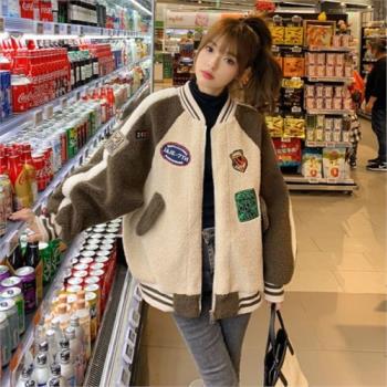 棒球服春秋高中生羊羔絨衛衣女原宿風初中學生可愛加絨加厚外套冬