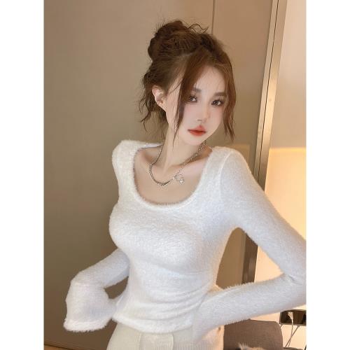 白色u領針織打底衫女內搭秋冬加厚低領修身短款毛衣保暖長袖上衣