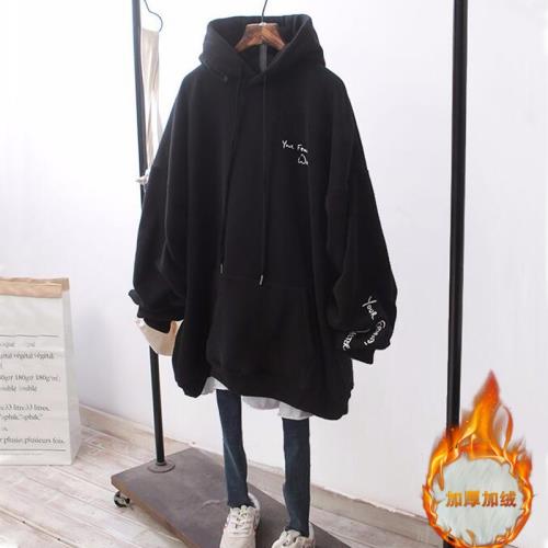 秋冬胖mm中長款連帽衛衣女加絨加厚2-300斤大碼寬松上衣黑色外套