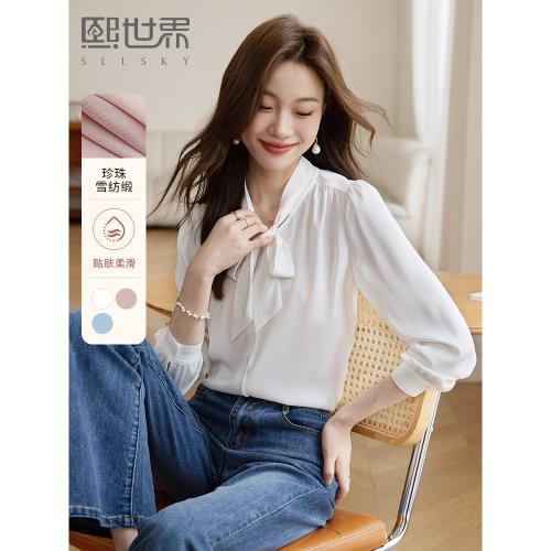 W熙世界2026春季新款蝴蝶結雪紡襯衫女設計感小眾長袖飄帶V領襯衣