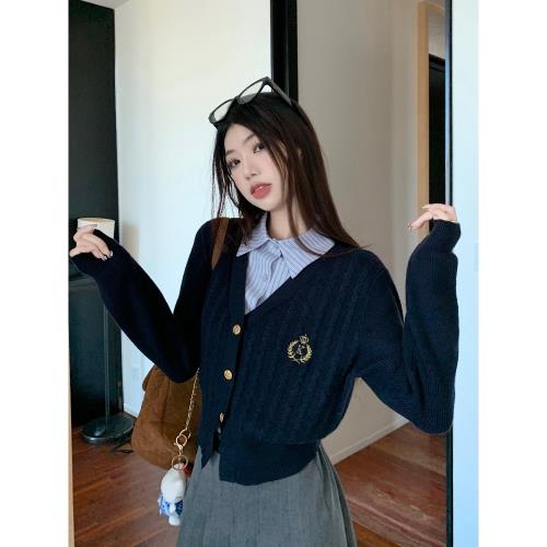 學院風假兩件拼接麻花針織毛衣開衫女秋冬設計感甜辣短款外套上衣