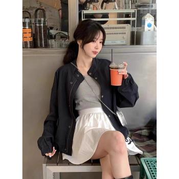 韓國chic秋季小眾百搭立領暗釦寬松休閑小個子長袖拉鏈夾克外套女