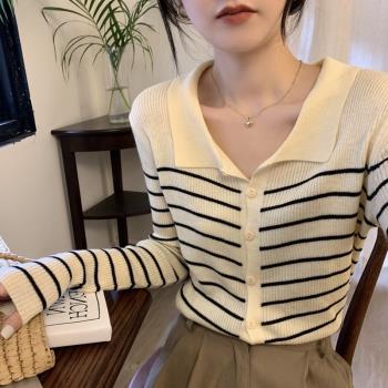 秋冬新款polo領黑白條紋針織打底衫女小眾設計感開衫長袖t恤上衣