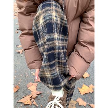 毛呢加絨格子褲女秋冬棉褲高腰復古休閑褲直筒拖地顯瘦窄版闊腿褲