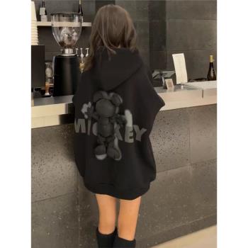 歐貨時尚ins卡通小熊連帽衛衣女2024秋冬慵懶風中長款字母上衣潮