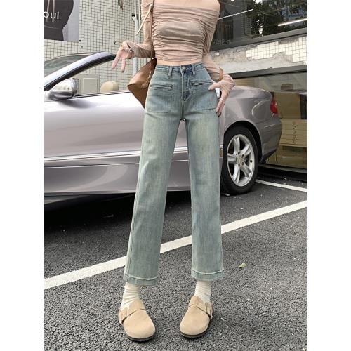 復古淺藍色直筒牛仔褲女裝早春季九分褲2025新款高腰彈力煙管褲子