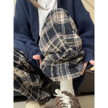 復古高腰垂感休閑顯瘦加絨格子褲