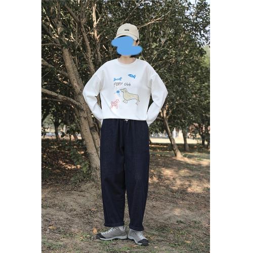 荃白 日系褲子女2024秋冬新款松緊高腰寬松休閑直筒加絨牛仔褲