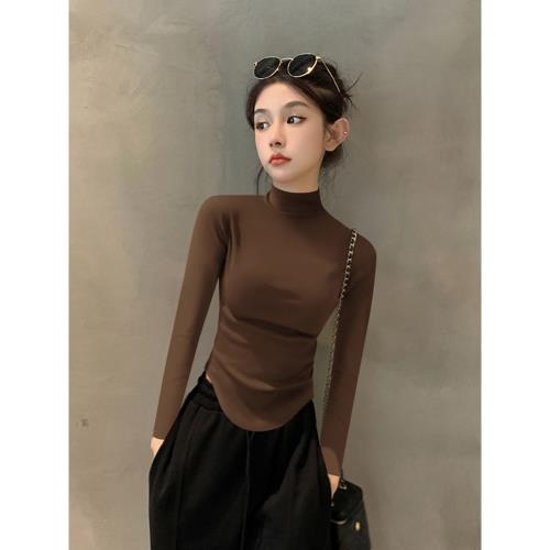 秋冬加絨半高領咖色長袖打底衫女不規則莫代爾高級感內搭緊身上衣
