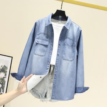 秋冬新款加絨天絲牛仔襯衫女內搭長袖打底衫上衣疊穿保暖厚絨襯衣