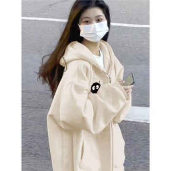 美式復古高街潮牌加絨加厚連帽衛衣女秋冬oversize慵懶外套開衫