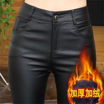 啞光磨砂加絨皮褲女2024年爆款秋冬高腰顯瘦塗層仿皮褲小腳打底褲