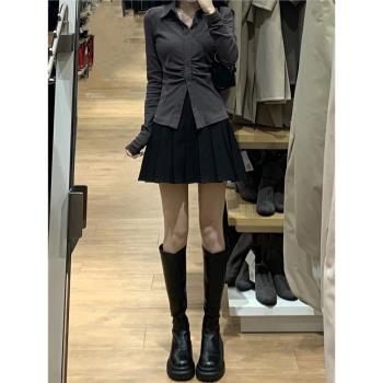 純欲辣妹炸街短款上衣polo領收腰修身襯衫女春秋裝小個子穿搭長袖