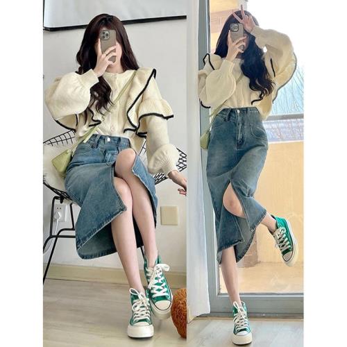 開叉牛仔裙半身裙女中長款秋季2023新款高腰顯瘦a字小個子包臀裙