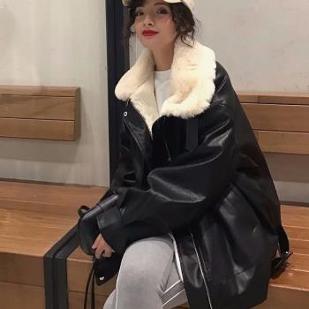 皮衣外套女加絨加厚秋冬季新款PU皮毛一體韓版寬松休閑機車服學生