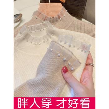 半高領內搭打底衫女春秋冬大碼胖MM顯瘦珍珠毛衣2023蕾絲針織上衣