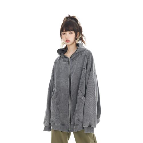 BANDITK GANGN做舊水洗灰色開衫女春季連帽衛衣潮INS美式復古外套