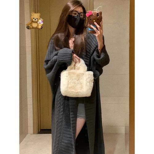 法式慵懶風灰色中長款毛衣外套女秋冬季2026新款寬松外穿針織開衫