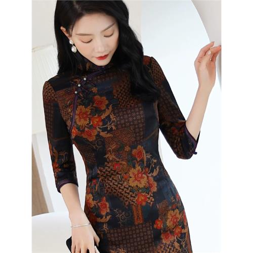 品尚華服秋冬加厚優雅手工一字扣復古藏青真絲香云紗夾棉中長旗袍