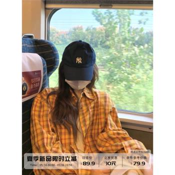 黃色春秋季薄款寬松長袖格子襯衫