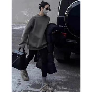 灰色圓領衛衣女新款2025春秋爆款美式復古oversize港風高階感上衣