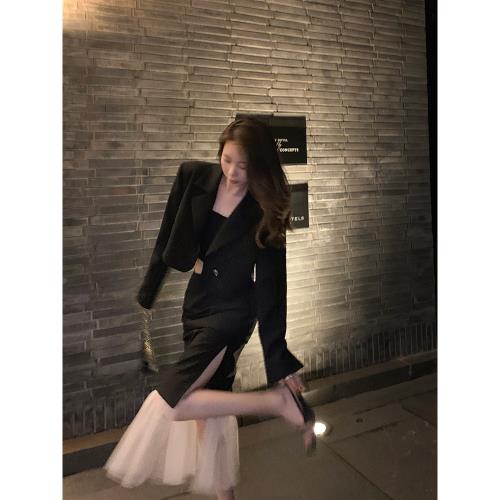Tongse 洛克套裝 三件套西裝套裝女春秋設計感黑色西服外套裙子