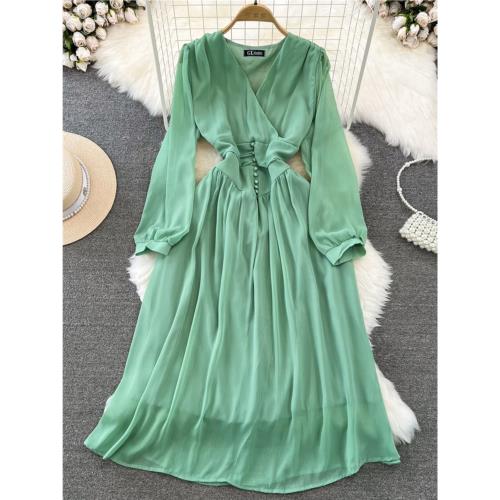 春秋季法式茶歇初戀長裙溫柔風泡泡長袖V領收腰顯瘦a字雪紡連衣裙