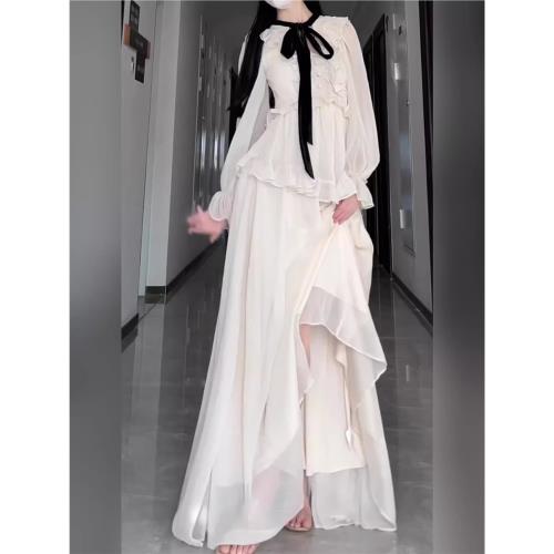 法式氣質長袖連衣裙仙女高級感優雅收腰顯瘦荷葉邊雪紡長裙子春秋