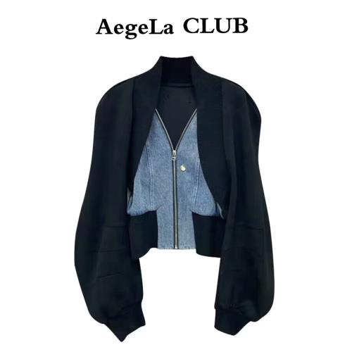 設計感小眾黑色牛仔拼接長袖短款外套女裝春秋辣妹假兩件開衫上衣