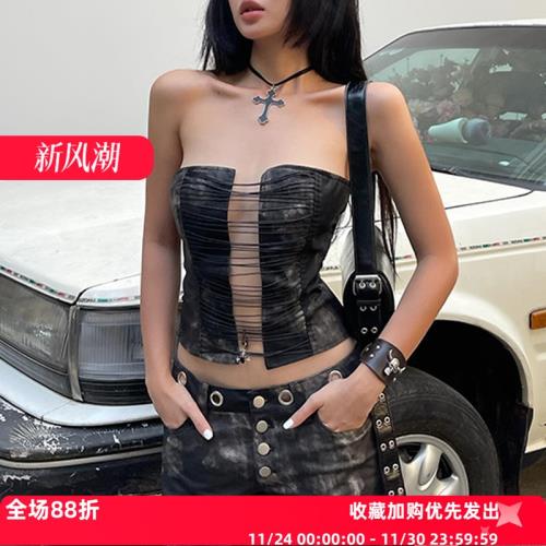 美式復古辣妹性感鏤空做舊抹胸背心女夏修身顯瘦露背百搭外穿上衣