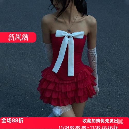 純欲辣妹風一字肩蝴蝶結抹胸背心女夏收腰修身荷葉邊蛋糕短裙套裝