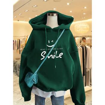 外套女墨綠色寬松加厚連帽衛衣