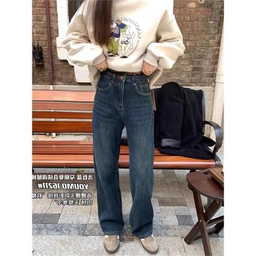 復古植絨直筒牛仔褲女秋冬加絨加厚高腰寬松顯瘦窄版休閑闊腿長褲