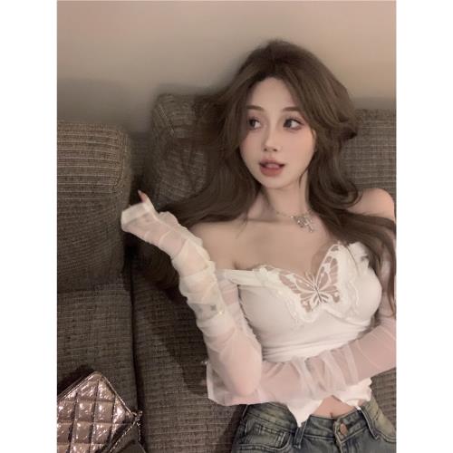 一字肩長袖網紗拼接T恤女春季純欲性感蝴蝶鏤空辣妹短款白色上衣