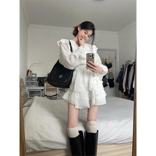 白色荷葉邊v領長袖襯衫上衣女春季氣質套裝裙子高腰半身裙兩件套