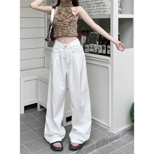 白色牛仔長褲女秋季低腰寬松百搭直筒褲垂感顯瘦拖地闊腿休閑褲子