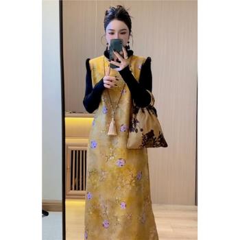 加絨加厚新中式國風黃色背心旗袍連衣裙內搭打底衫兩件套裝女秋冬