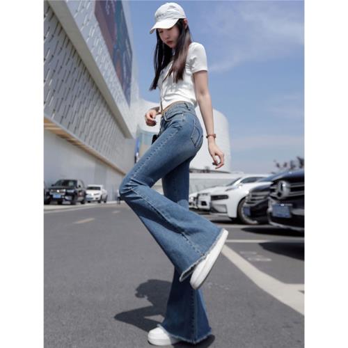微喇牛仔褲女2024春秋新款高腰復古港風顯瘦修身彈力毛邊喇叭褲