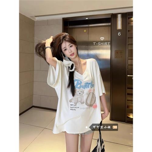 可可里小姐卡通印花短袖T恤女裝夏季慵懶風寬松休閑減齡V領上衣潮