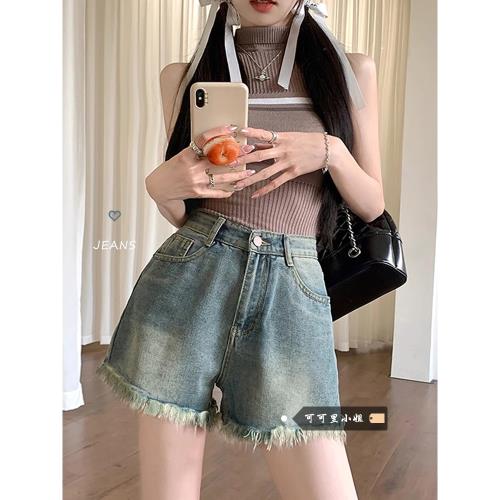 流蘇復古牛仔短褲女夏季2025新款度假風百搭高腰顯瘦直筒休閑熱褲