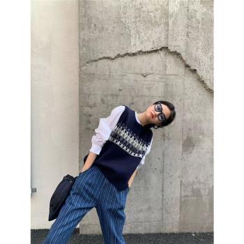 ALEI 春季新品簡約時尚百搭復古藍豎條紋休閑顯瘦直筒牛仔長褲女