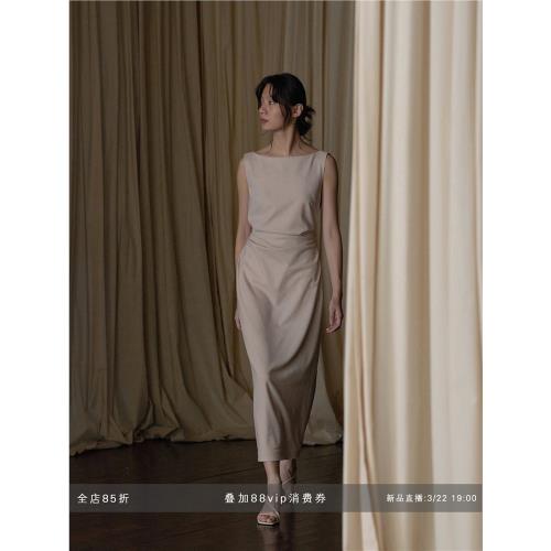 commuse memory夏季 法式優雅 精紡羊毛一字領系帶長款通勤連衣裙