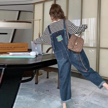 孕婦套裝小個子港風兔耳朵牛仔背帶褲條紋長袖上衣秋季新款兩件套