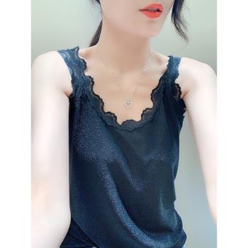 歐洲站2023春夏季新款潮時尚方領彈力無袖亮絲拼蕾絲邊吊帶背心女